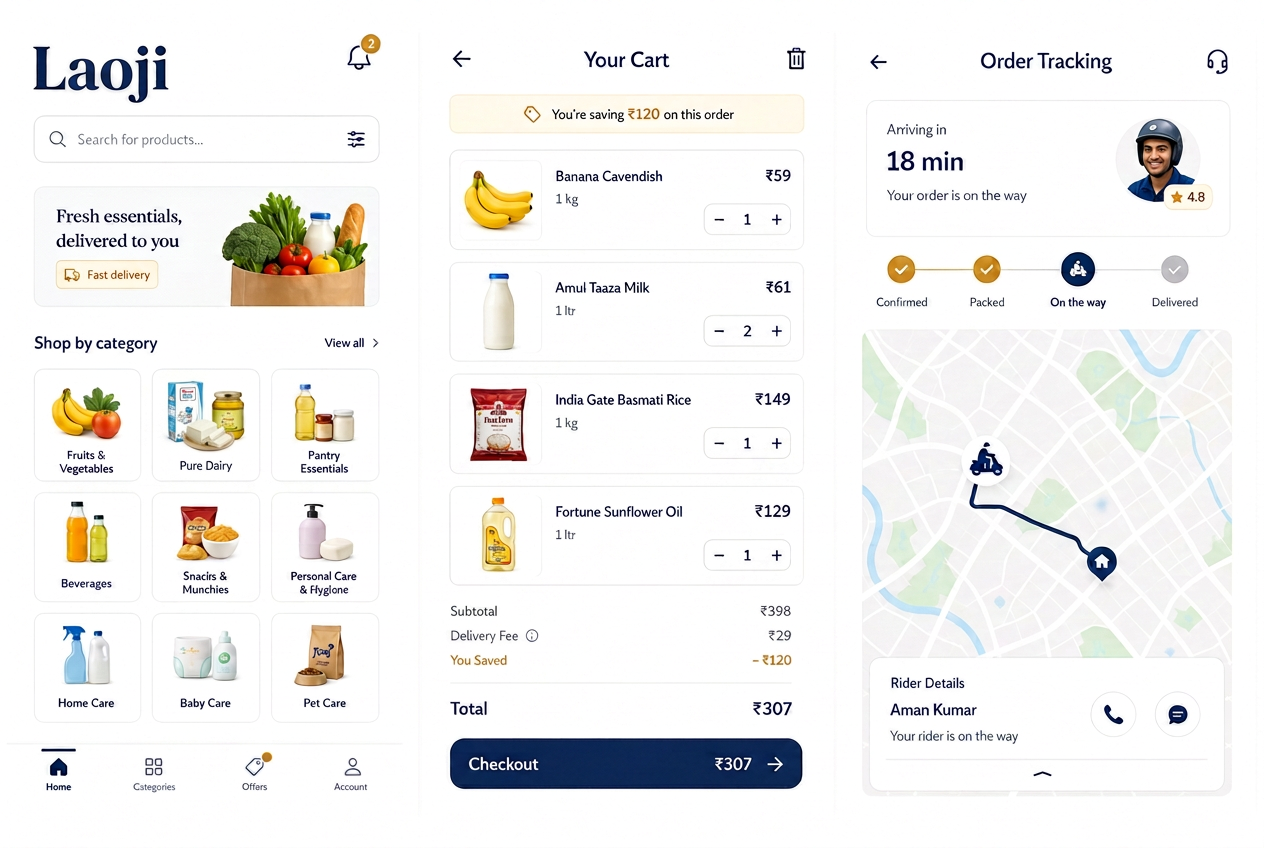 Laoji app screens: category browsing, cart checkout and live order tracking