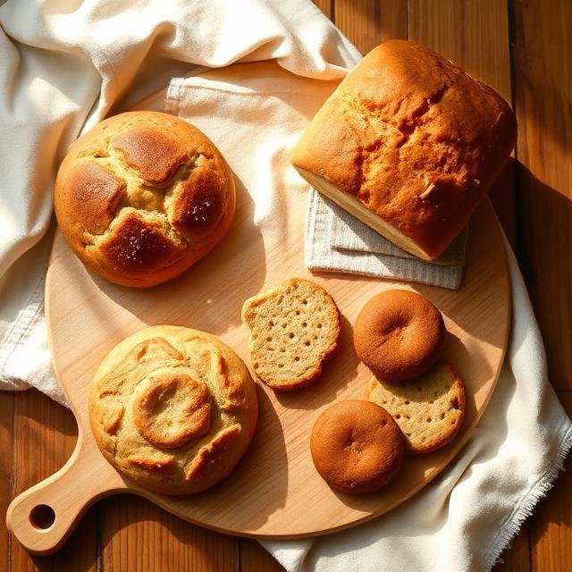 Freshly baked bread loaf, pav buns and rusk on a wooden board