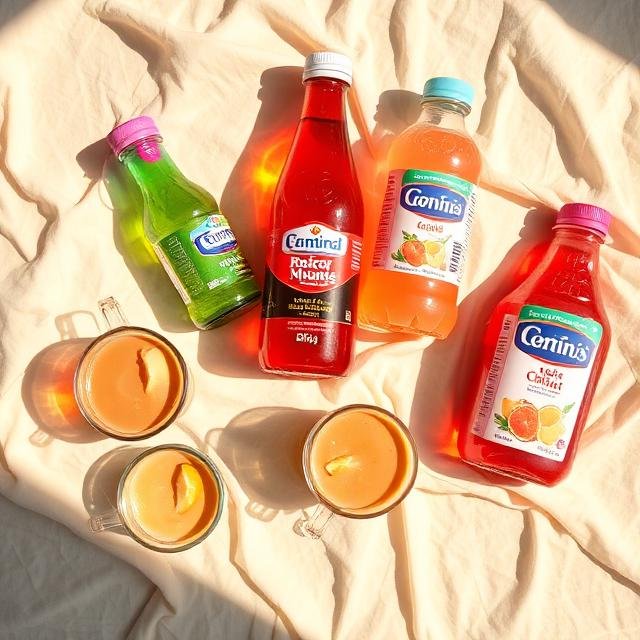 Chilled bottled juices, soft drinks and tea packs stacked together