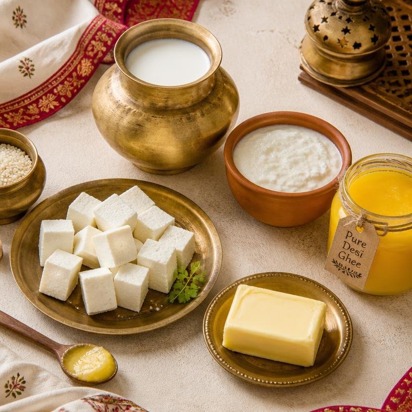 Pure-veg dairy shelf with milk in a brass lota, paneer, curd and desi ghee