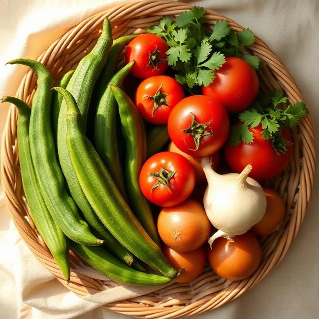 Freshly picked vegetables including tomatoes, okra and coriander in a woven basket
