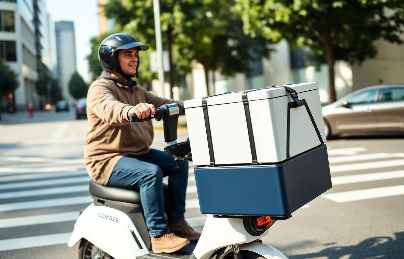 Laoji delivery partner riding a scooter with an insulated Laoji delivery bag